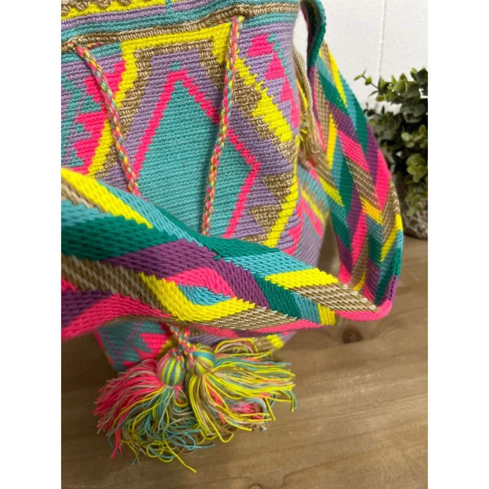 Handmade‎ Woven Crochet Bag Multi Color Diamond Pattern Tassels Shoulder Bag